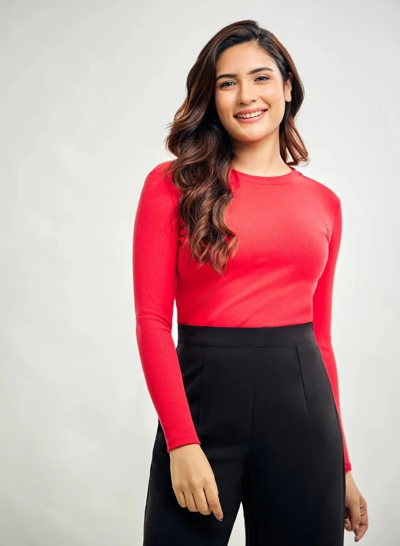 Zigzag Long Sleeve Round Neck Rib Top- Red